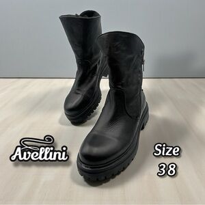 Avellini Black Leather Faux Fur Convertible Ankle Moto Boots Size 38